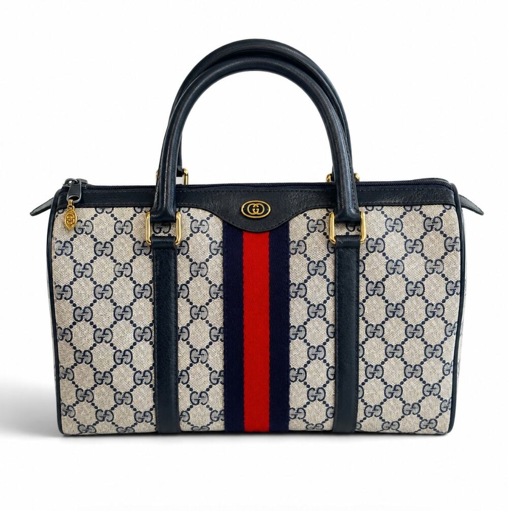 GUCCI Vintage 1980 Boston Bag Monogram Navy Blue Gray Web Stripe